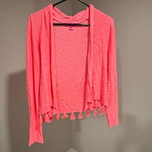 Lilly Pulitzer Neon Coral Tassel Hem Open Cardigan Sweater Size S